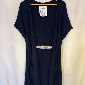 LYRIC CULTURE Janis Joplin Navy Bouclé Robe Dress Script Tie Boho Kimono | L |